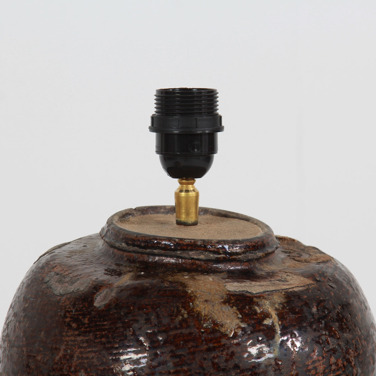 RUSTIC 19thC CHINESE TABLE LAMP WITH NATURAL LINEN EMPIRE SHADE