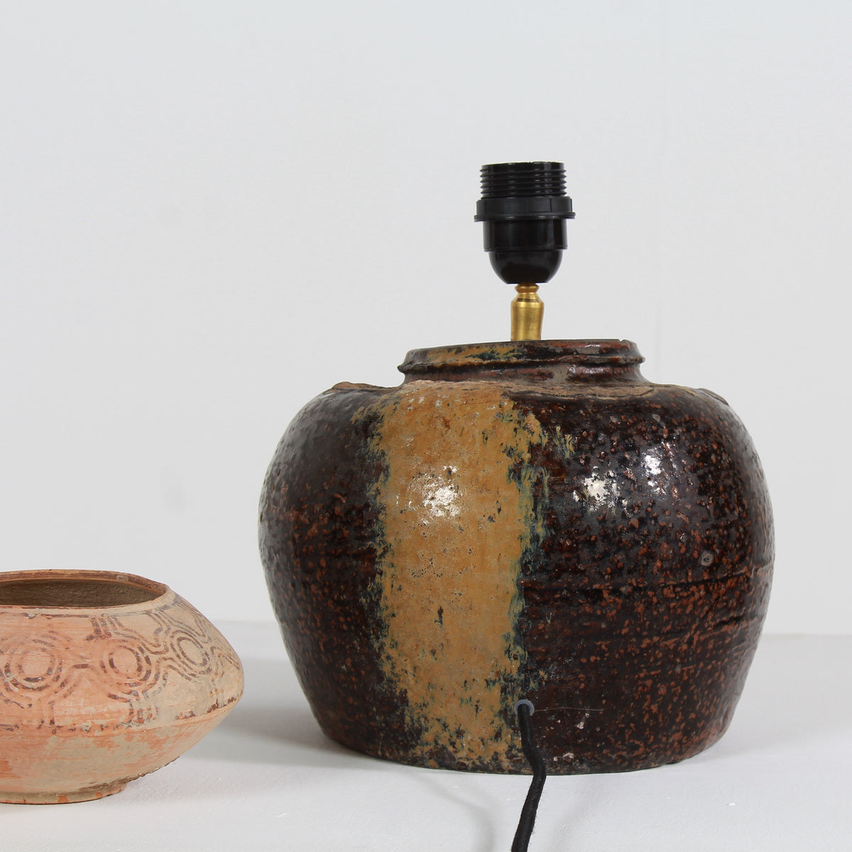 RUSTIC 19thC CHINESE TABLE LAMP WITH NATURAL LINEN EMPIRE SHADE