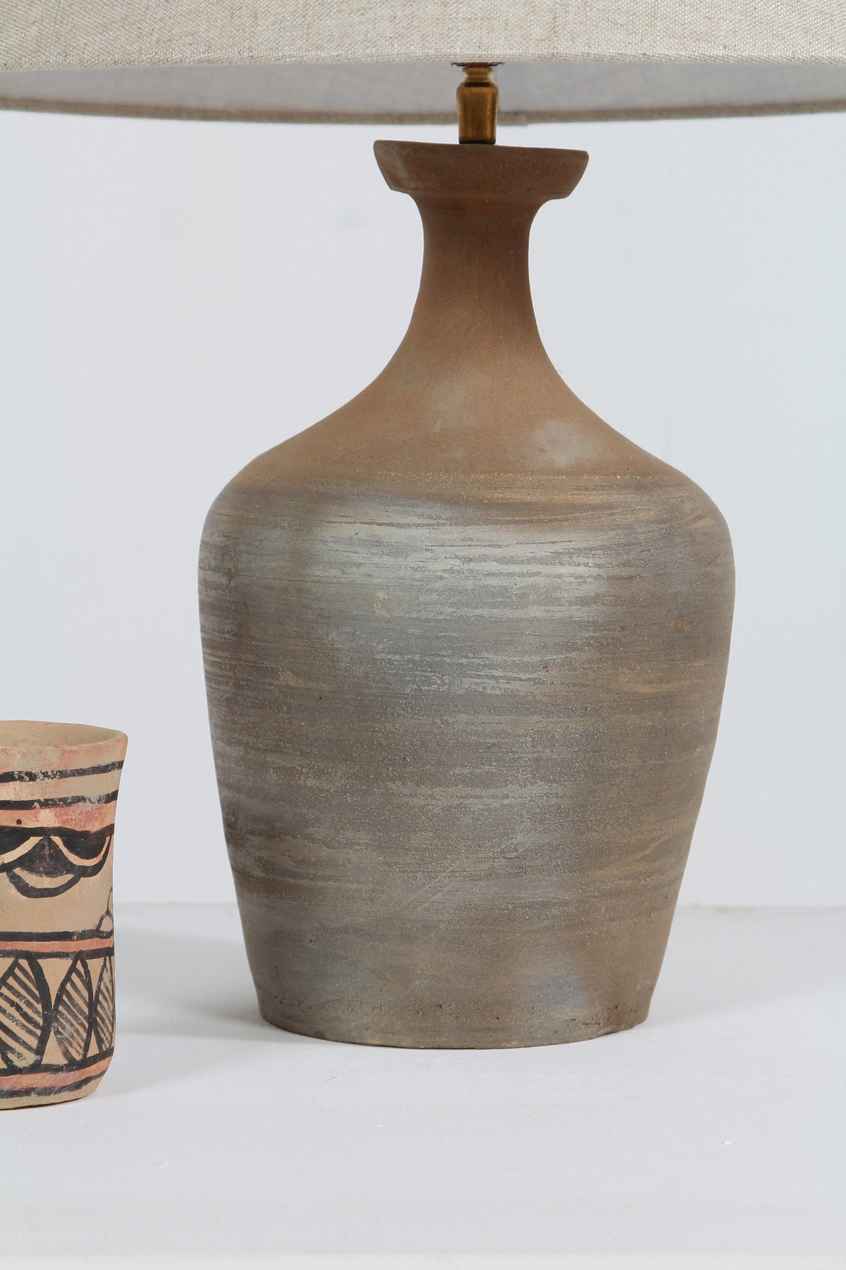 TERRACOTTA UNGLAZED VASE TABLE LAMP WITH EMPIRE NATURAL LINEN SHADE
