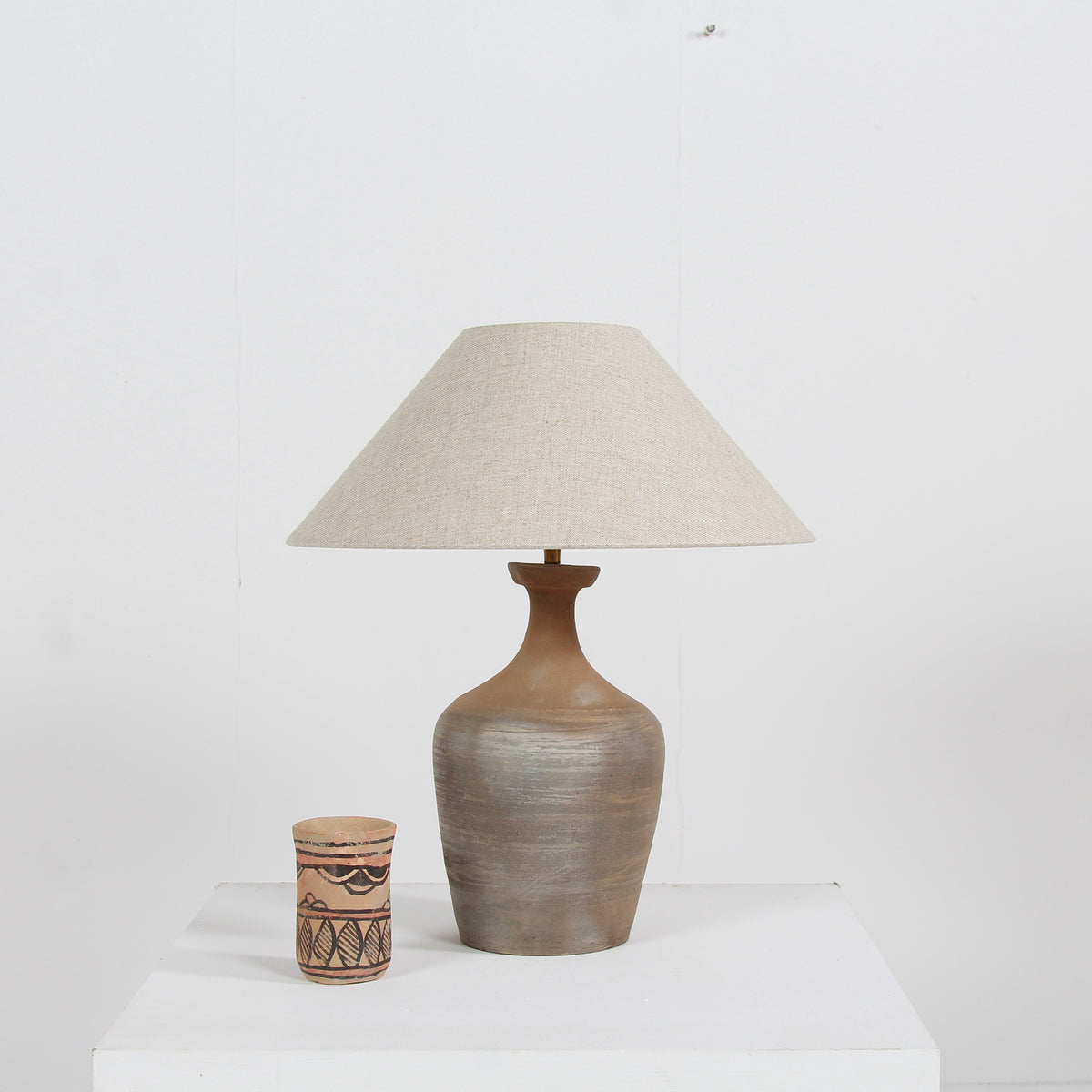 TERRACOTTA UNGLAZED VASE TABLE LAMP WITH EMPIRE NATURAL LINEN SHADE