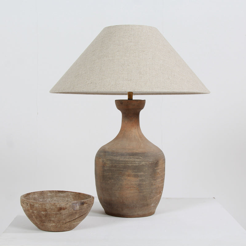 WONDERFUL TERRACOTTA UNGLAZED VASE TABLE LAMP WITH EMPIRE NATURAL LINEN SHADE