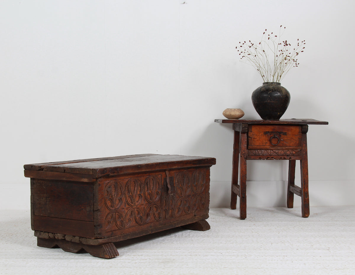 Ancient Spanish 18thC Hand Carved Trunk/Coffer