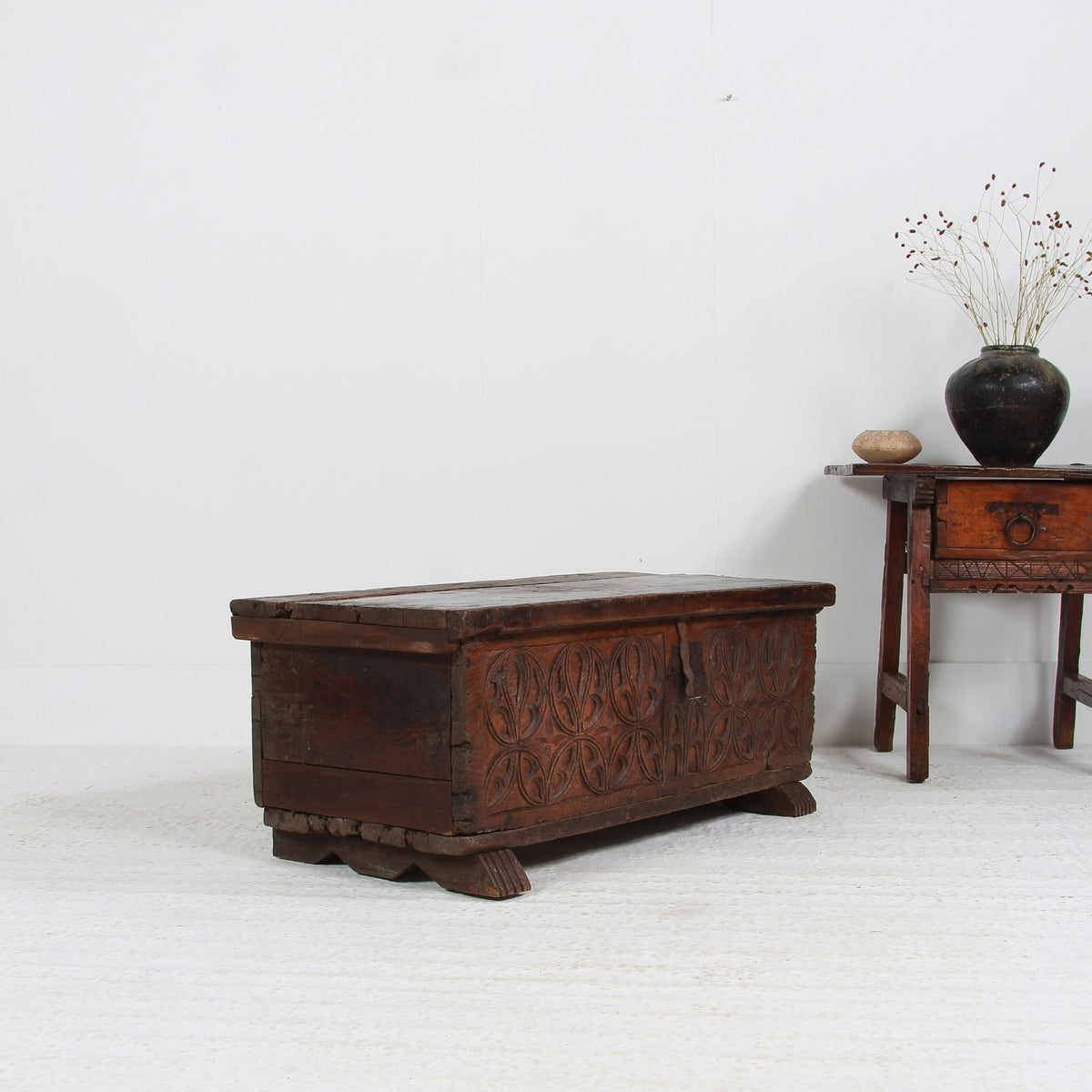 Ancient Spanish 18thC Hand Carved Trunk/Coffer