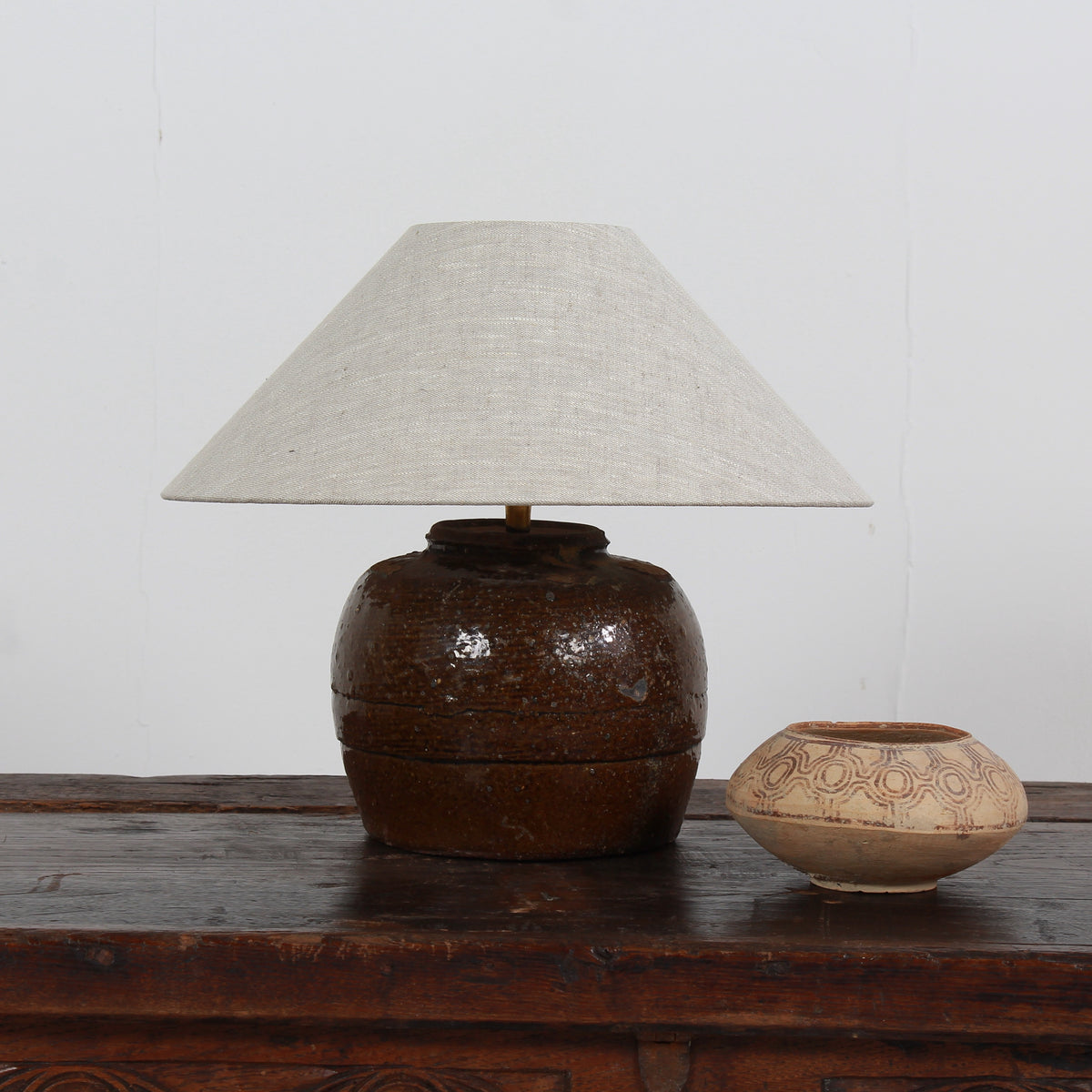ANTIQUE CHINESE TABLE LAMP WITH NATURAL LINEN EMPIRE SHADE