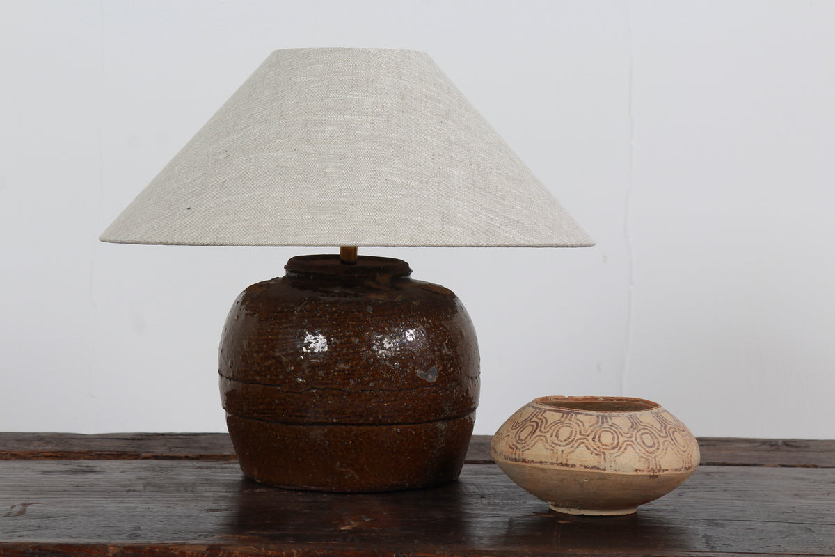 ANTIQUE CHINESE TABLE LAMP WITH NATURAL LINEN EMPIRE SHADE