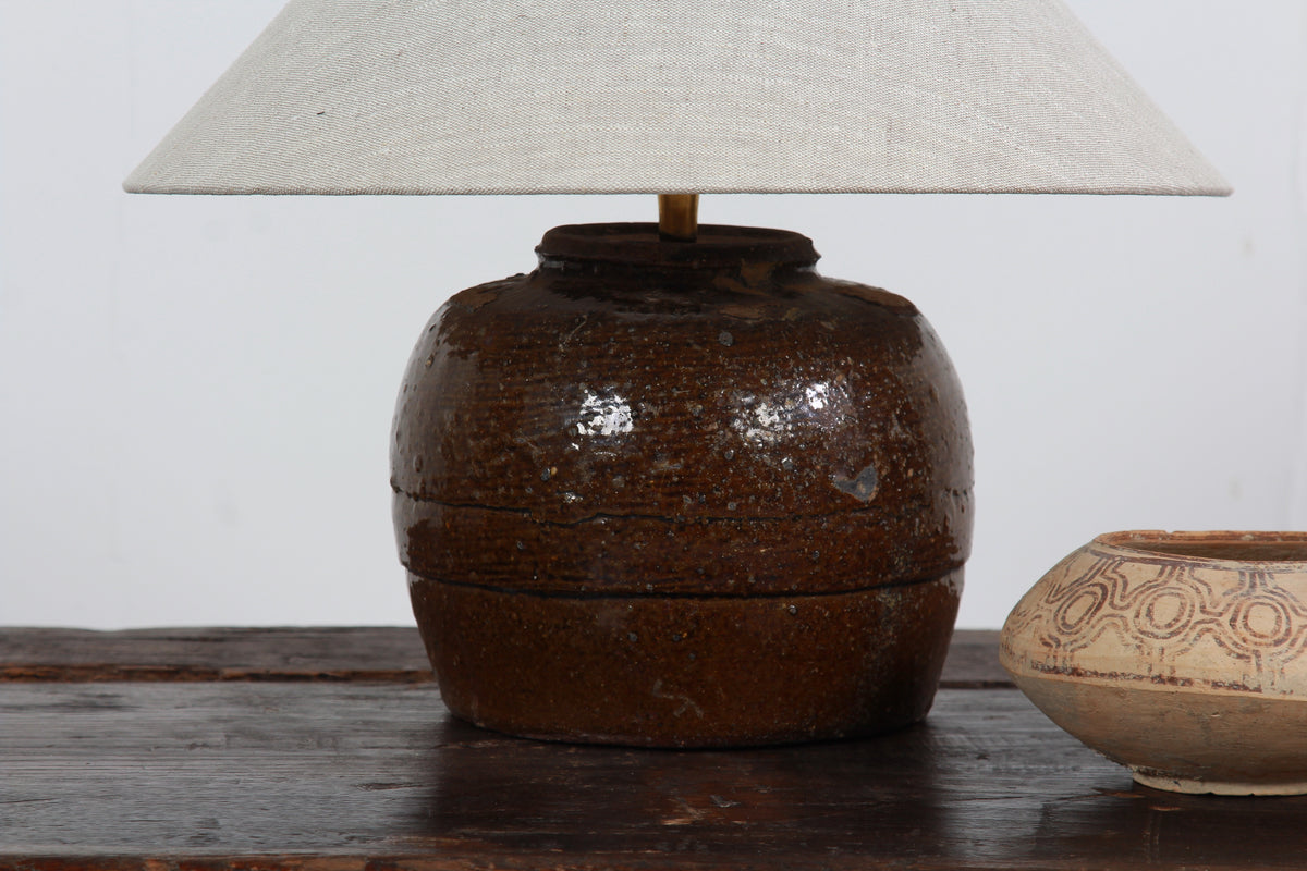 ANTIQUE CHINESE TABLE LAMP WITH NATURAL LINEN EMPIRE SHADE
