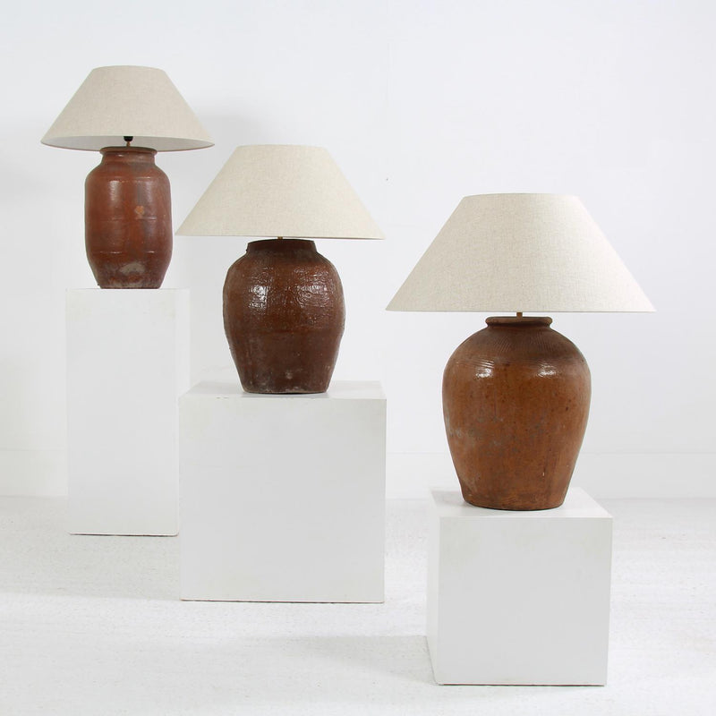 Collection of Three Unique  Antique 19thC Table Lamps with Belgium Linen Empire Shades