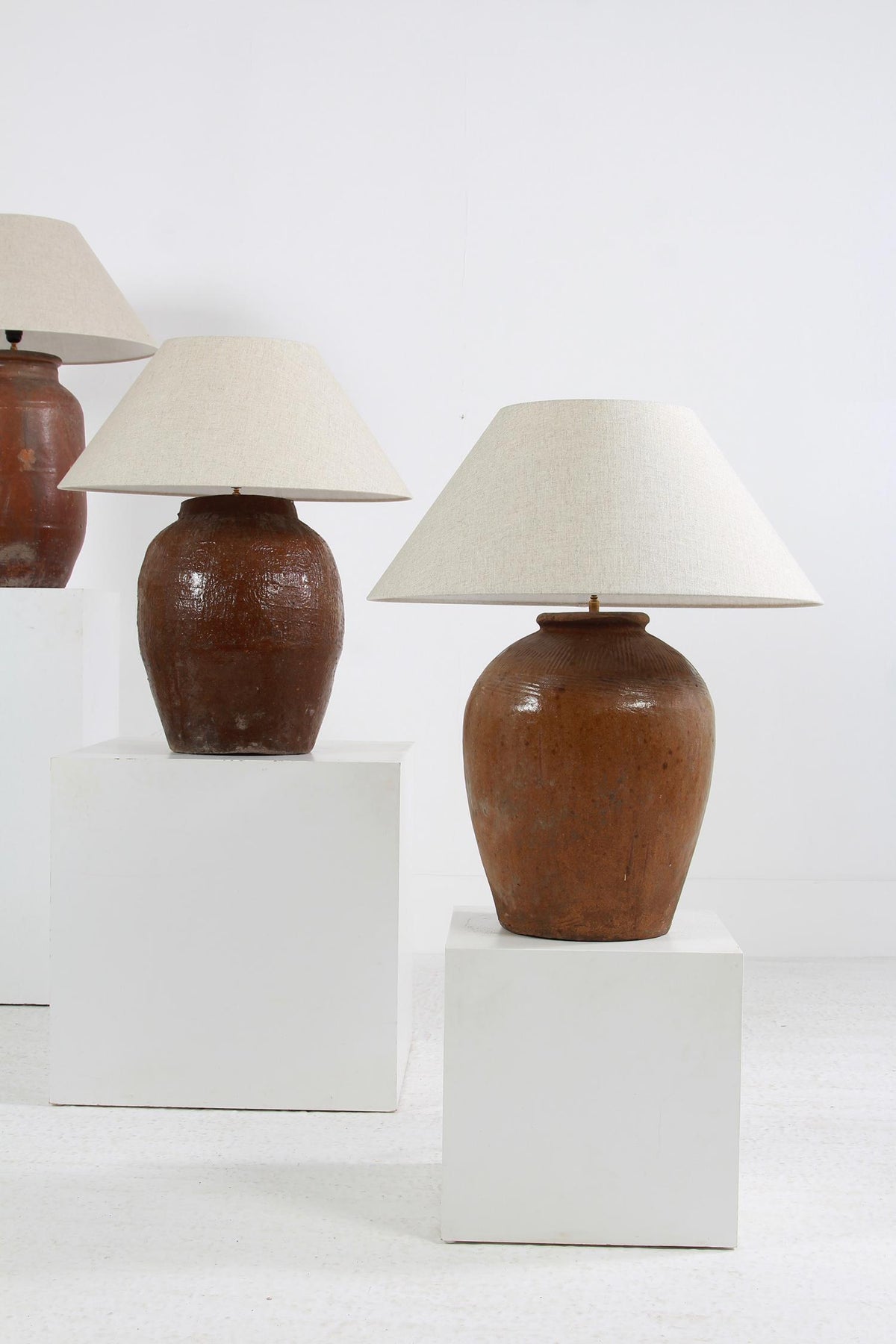 Collection of Three Unique  Antique 19thC Table Lamps with Belgium Linen Empire Shades