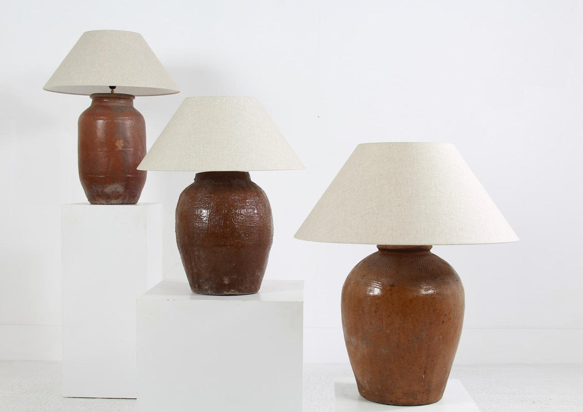 Collection of Three Unique  Antique 19thC Table Lamps with Belgium Linen Empire Shades