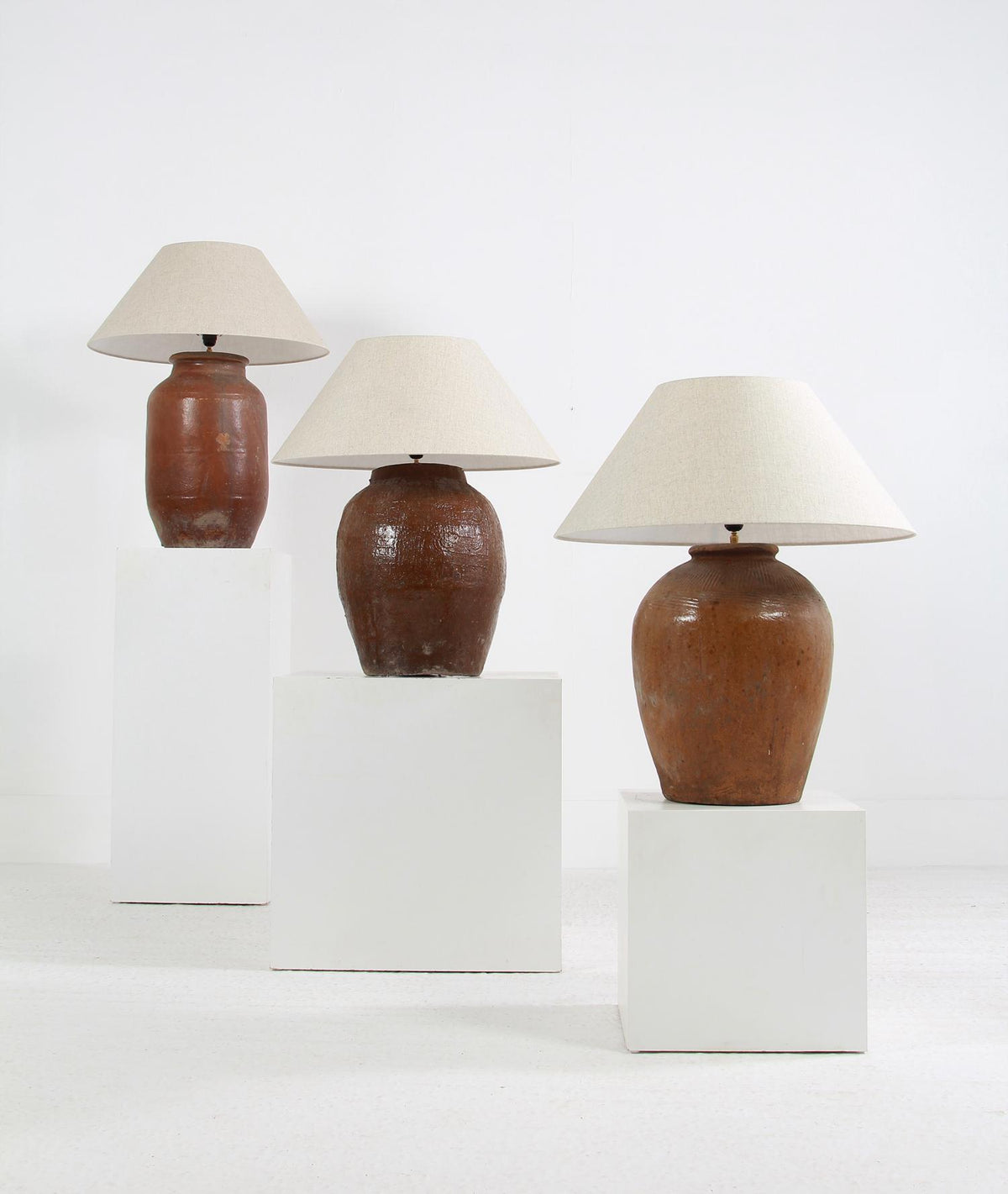 Collection of Three Unique  Antique 19thC Table Lamps with Belgium Linen Empire Shades