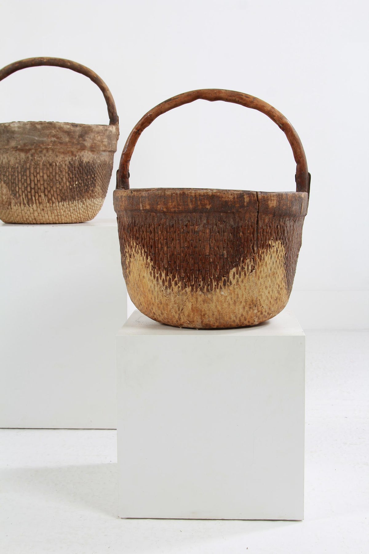 WONDERFUL  Rustic ANTIQUE WOVEN RICE BASKETS WITH  TREE BRANCH HANDLES