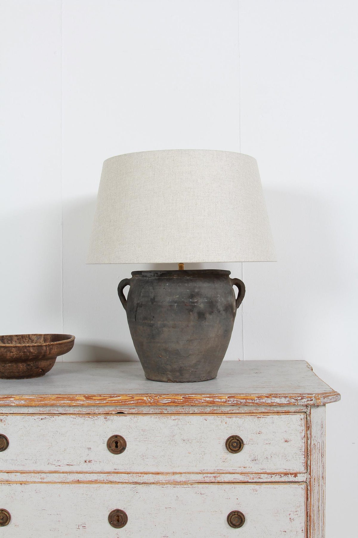 AUTHENTIC CHINESE TERRACOTTA POTTERY LAMP WITH NATURAL LINEN SHADE