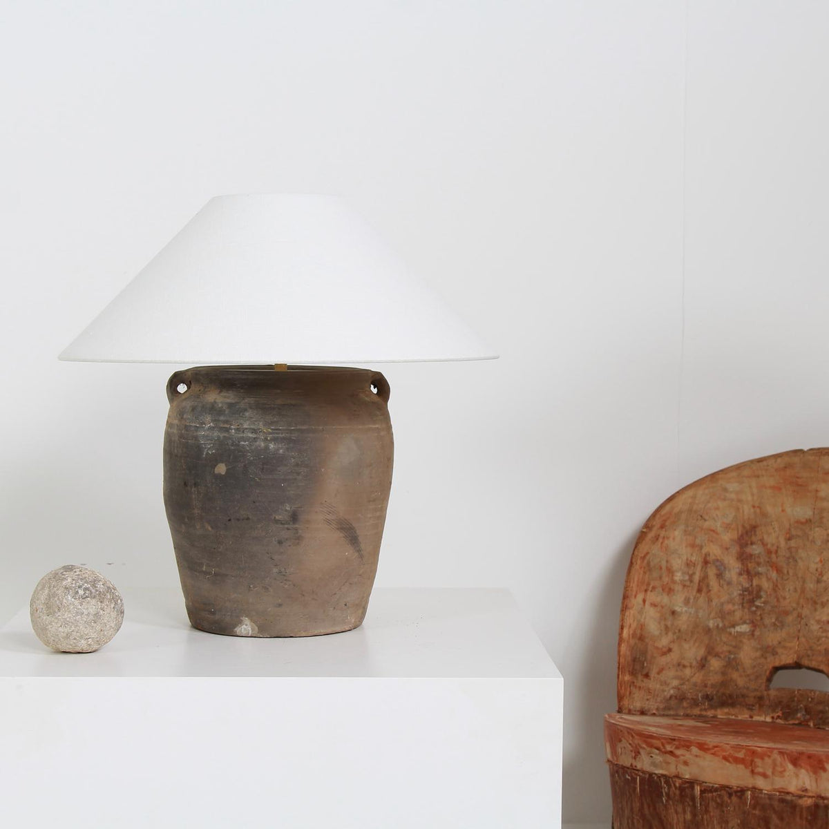 RUSTIC CHINESE TERRACOTTA TABLE  LAMP WITH WHITE LINEN SHADE