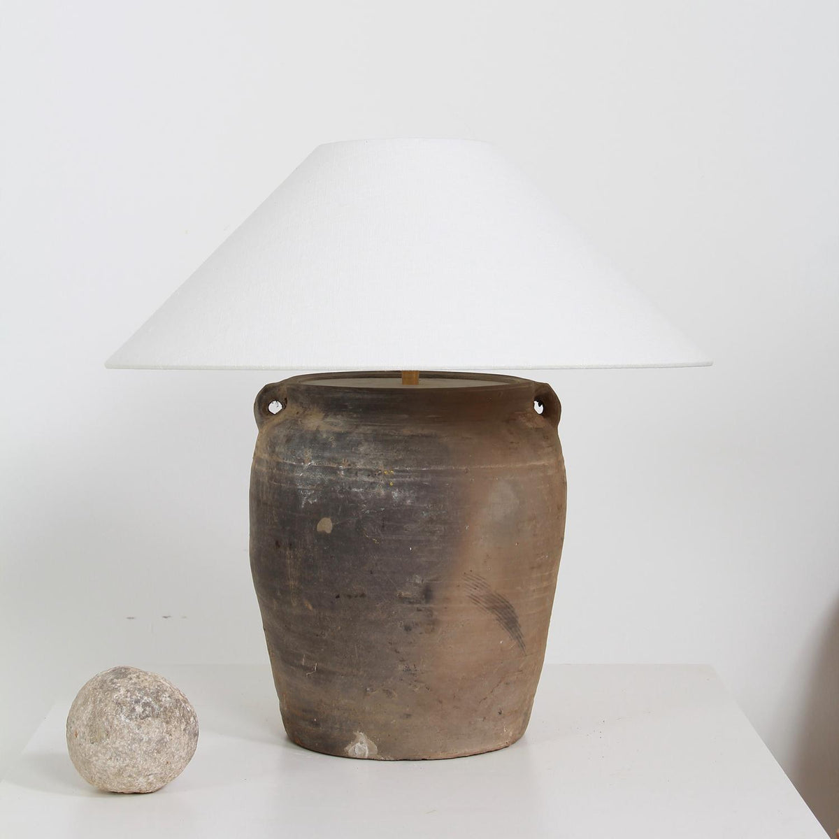 RUSTIC CHINESE TERRACOTTA TABLE  LAMP WITH WHITE LINEN SHADE