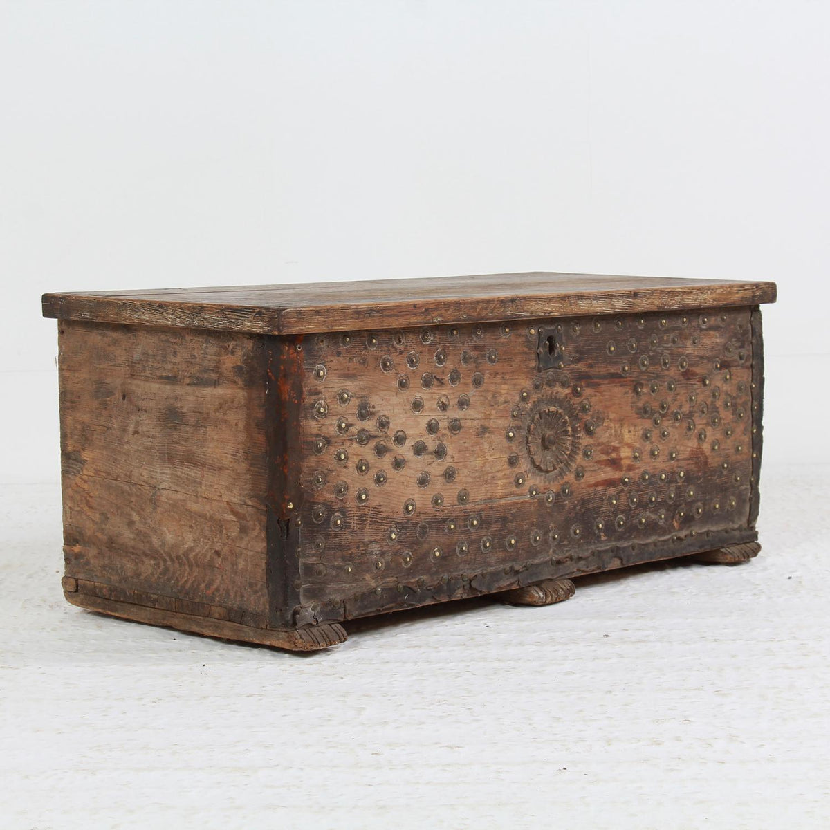 Antique Italian 18thC  Bridal Box with Carved Rosettes & Brass Studs