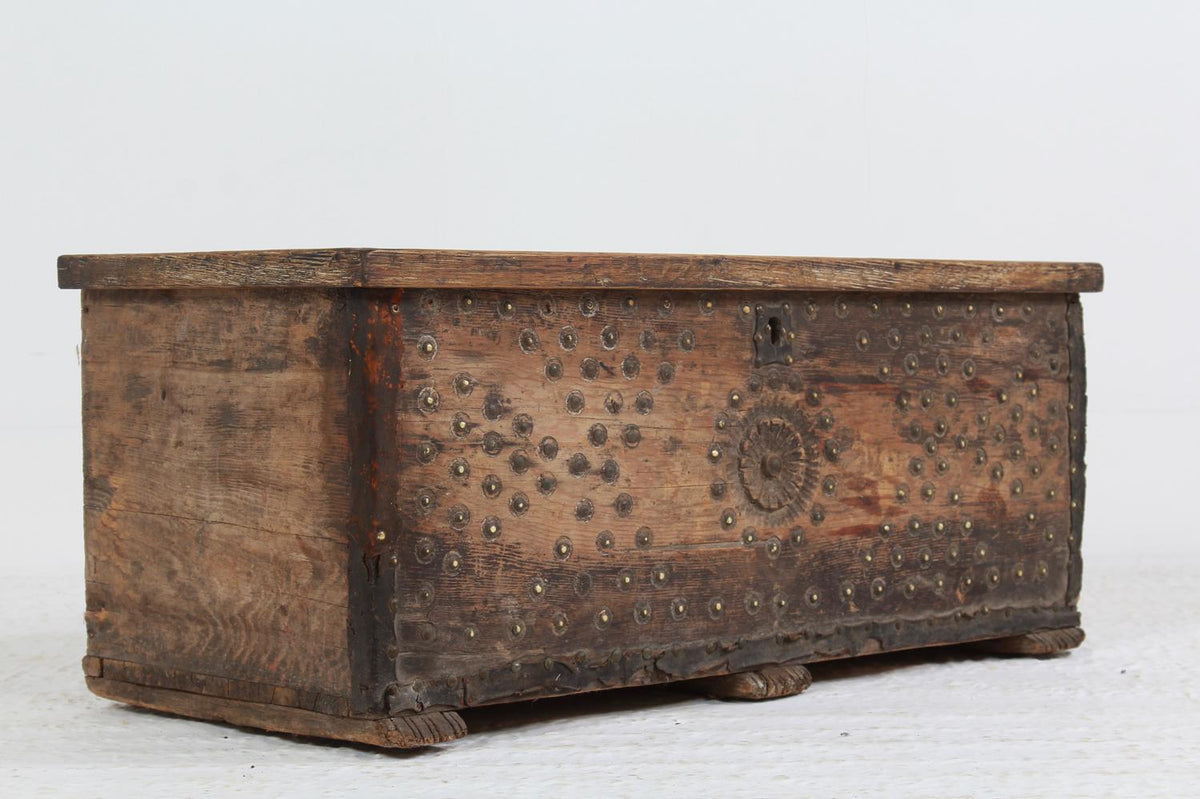Antique Italian 18thC  Bridal Box with Carved Rosettes & Brass Studs