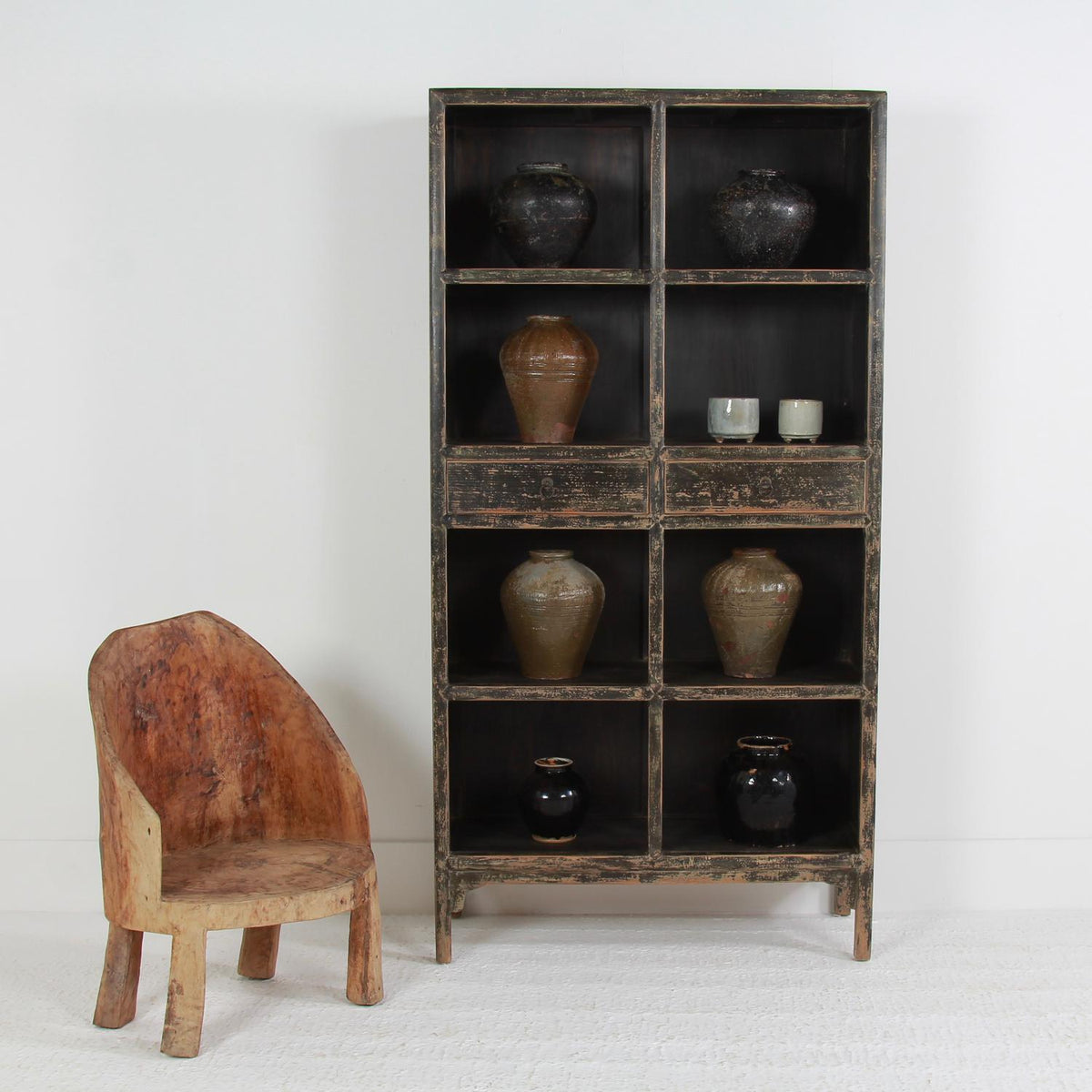 Impressive Antique Black Painted Open Display Cabinet