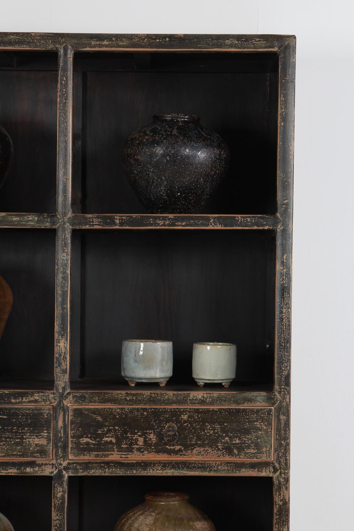 Impressive Antique Black Painted Open Display Cabinet