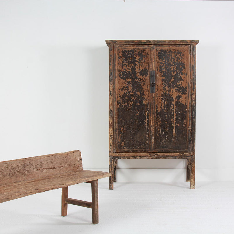 Rustic Chinese 19thC Two Door Cabinet in Distressed  Black Patina