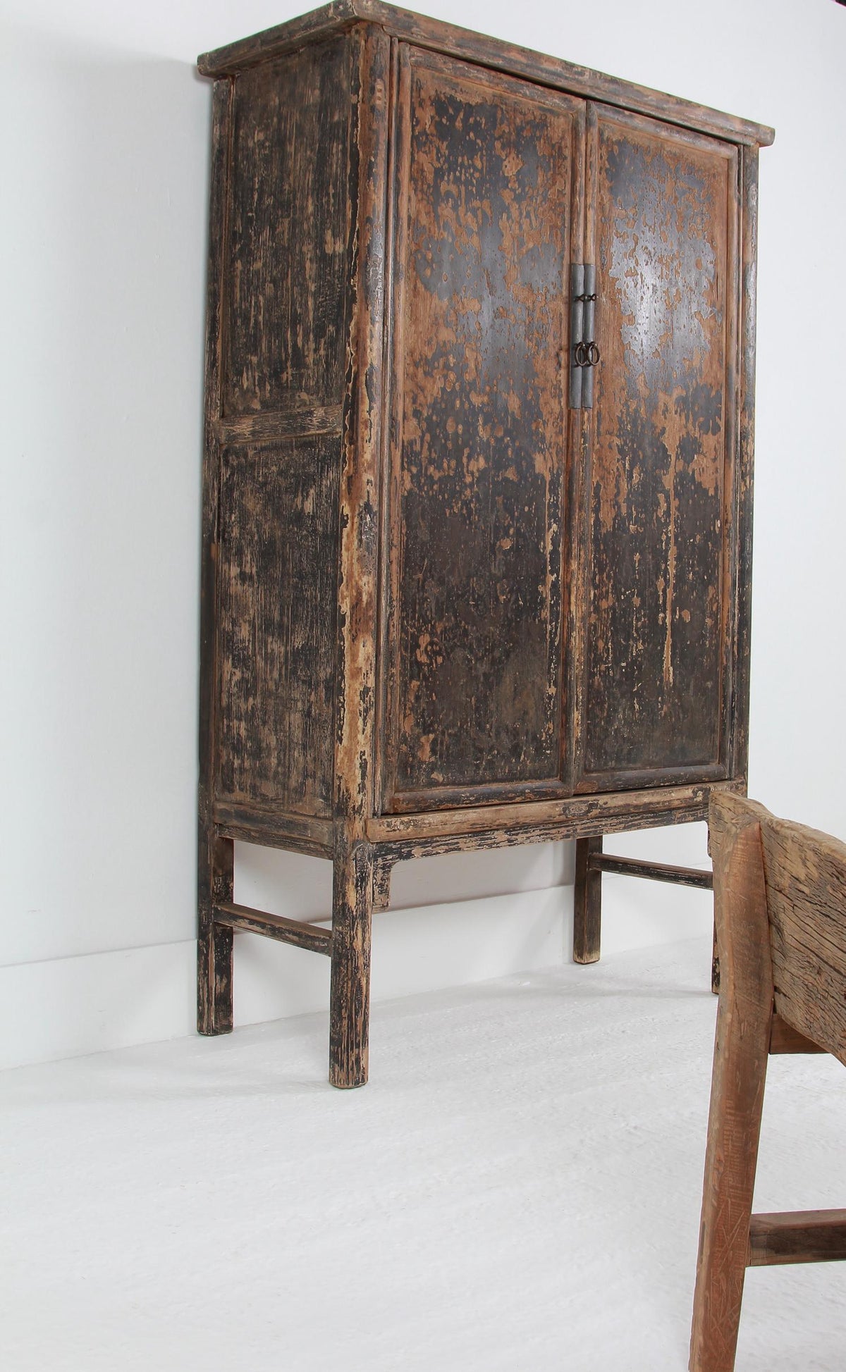 Rustic Chinese 19thC Two Door Cabinet in Distressed  Black Patina