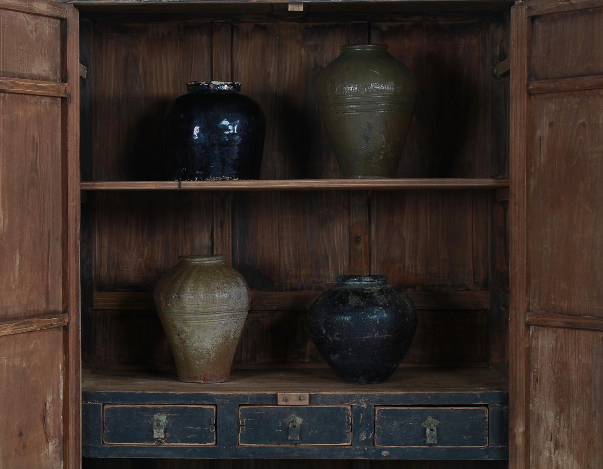 Rustic Chinese 19thC Two Door Cabinet in Distressed  Black Patina