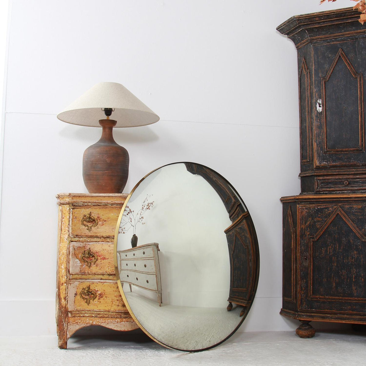 Stunning Modern Contemporary Convex Mirror with Brass Frame