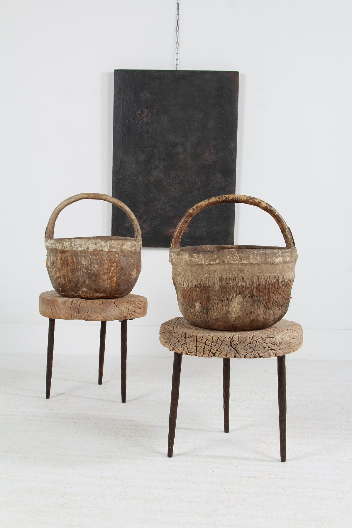 WONDERFUL RUSTIC ANTIQUE WOVEN RICE BASKETS WITH TREE BRANCH HANDLES