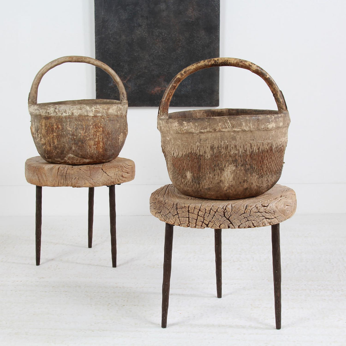 WONDERFUL RUSTIC ANTIQUE WOVEN RICE BASKETS WITH TREE BRANCH HANDLES