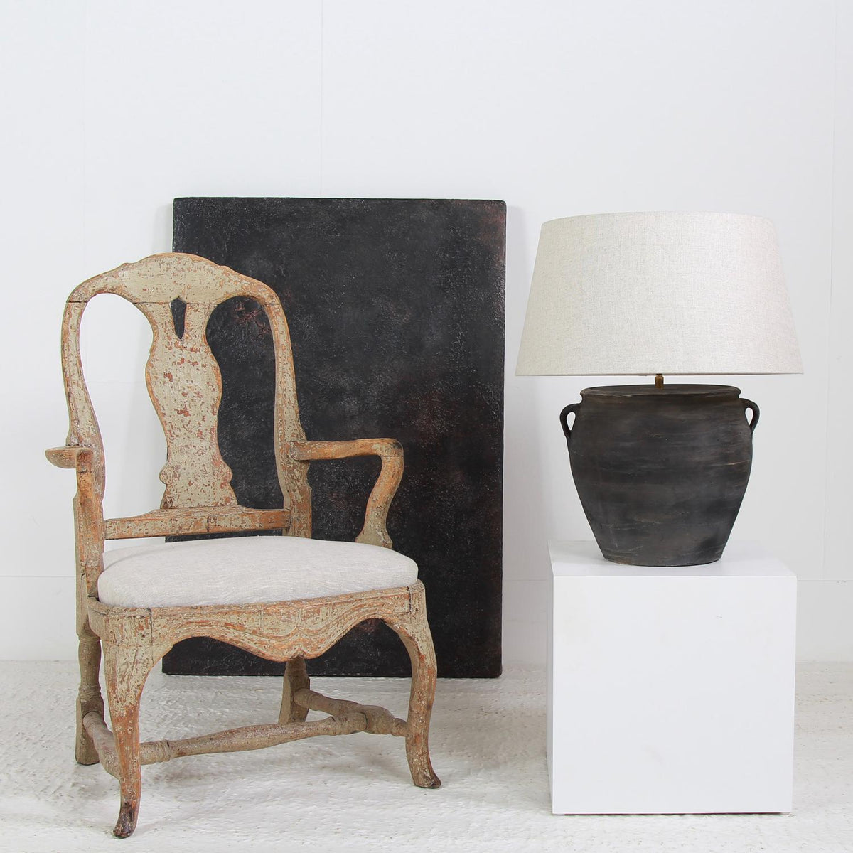 AUTHENTIC BLACK POTTERY LAMP WITH WHITE LINEN DRUM SHADE