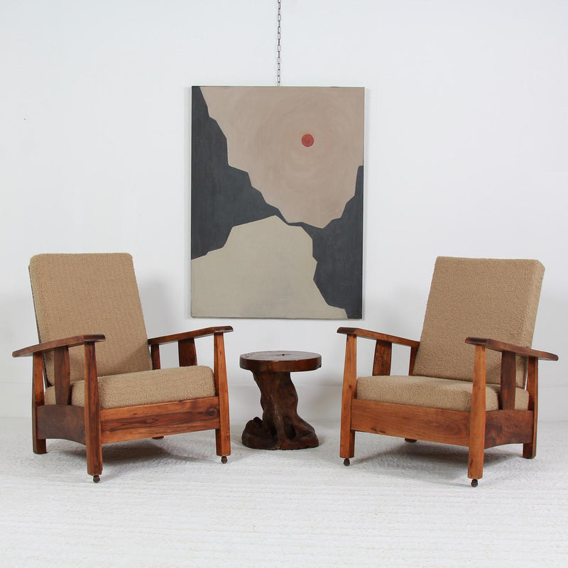 Huge Pair of  Brutalist Spanish Lounge Chairs Upholstered  in Boucle