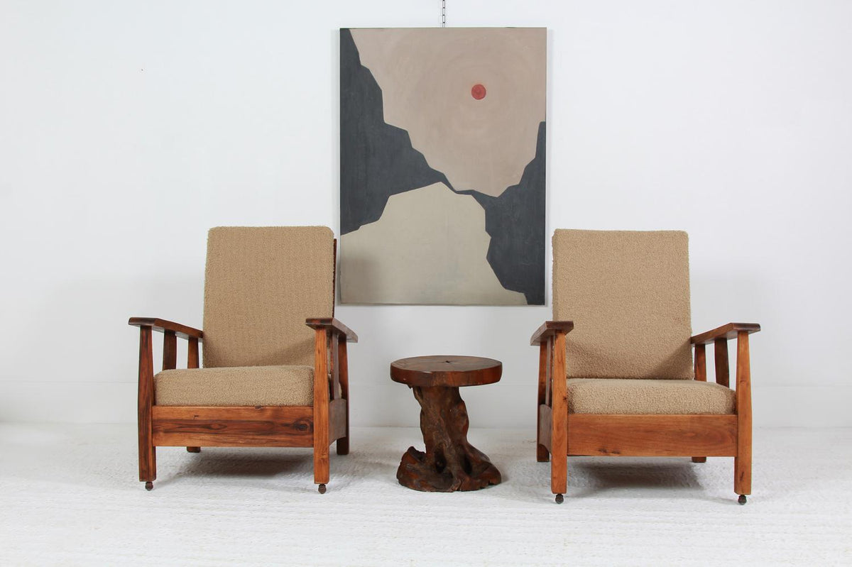 Huge Pair of  Brutalist Spanish Lounge Chairs Upholstered  in Boucle
