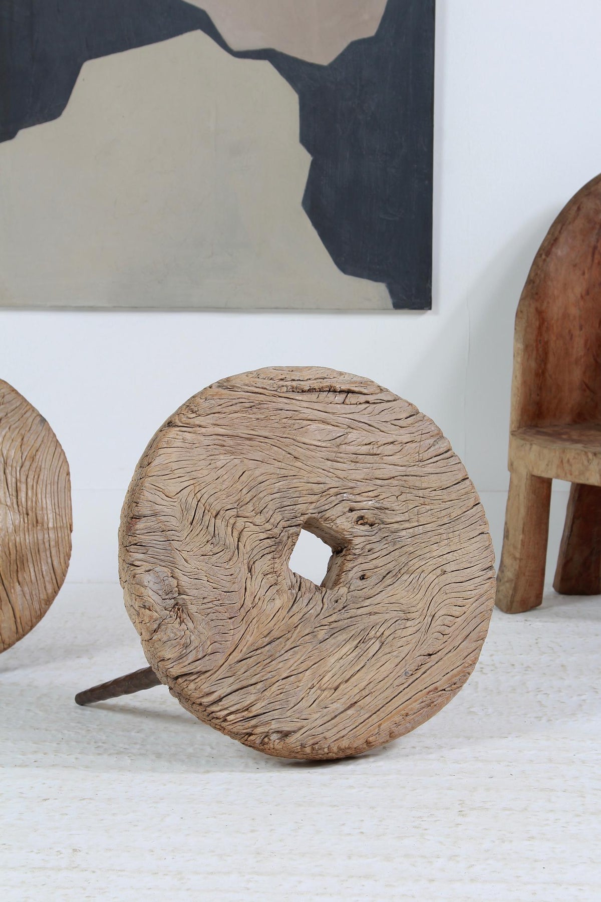 A unique Pair of Wabi Wabi Rustic  Elm Wood Wheel Tables