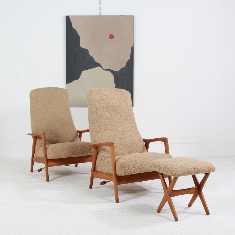 Pair of Mid Century Spanish Reclining  Lounge Armchairs with Footstool