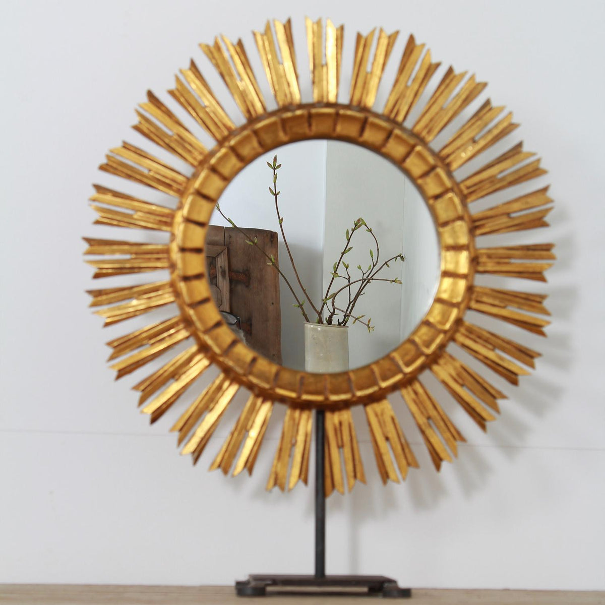 Mid-century French Sunburst Mirror on Hand Forged Iron Stand