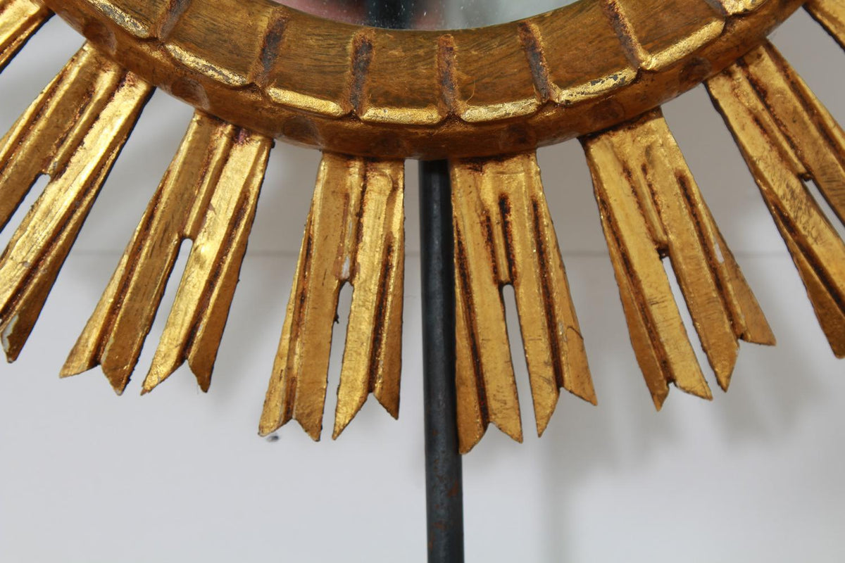 Mid-century French Sunburst Mirror on Hand Forged Iron Stand