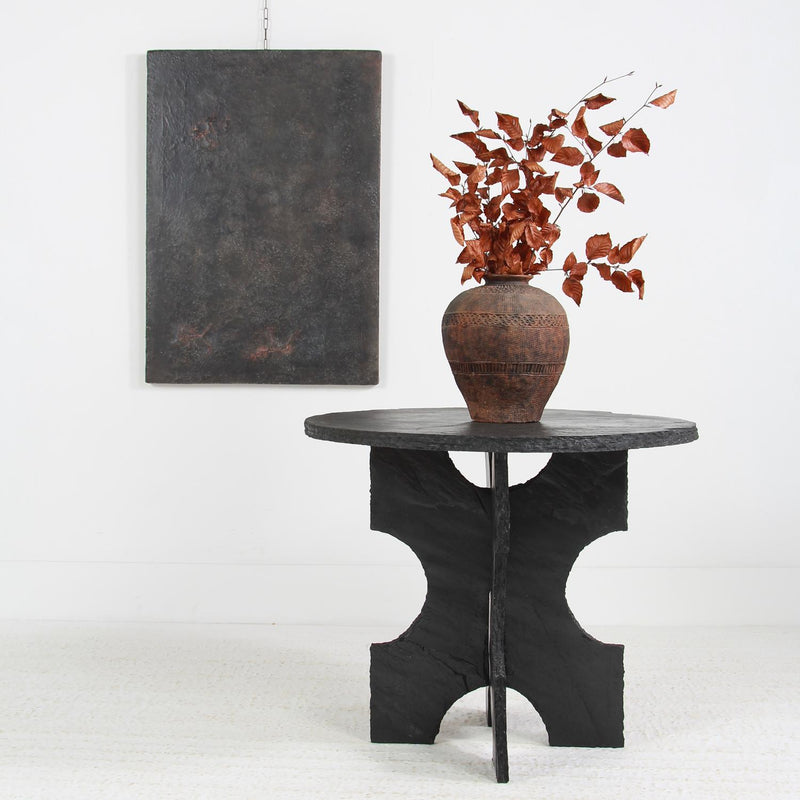 ARTISAN BLACK RIVEN SLATE SCULPTURED PEDESTAL /CENTRE TABLE