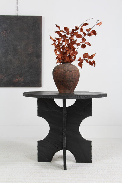 ARTISAN BLACK RIVEN SLATE SCULPTURED PEDESTAL /CENTRE TABLE – Anton & K