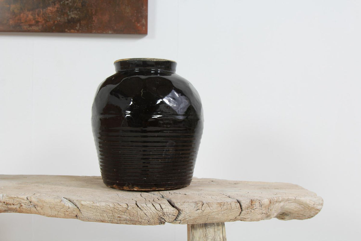 Antique Handmade Chinese  Black Glazed Pottery Jar