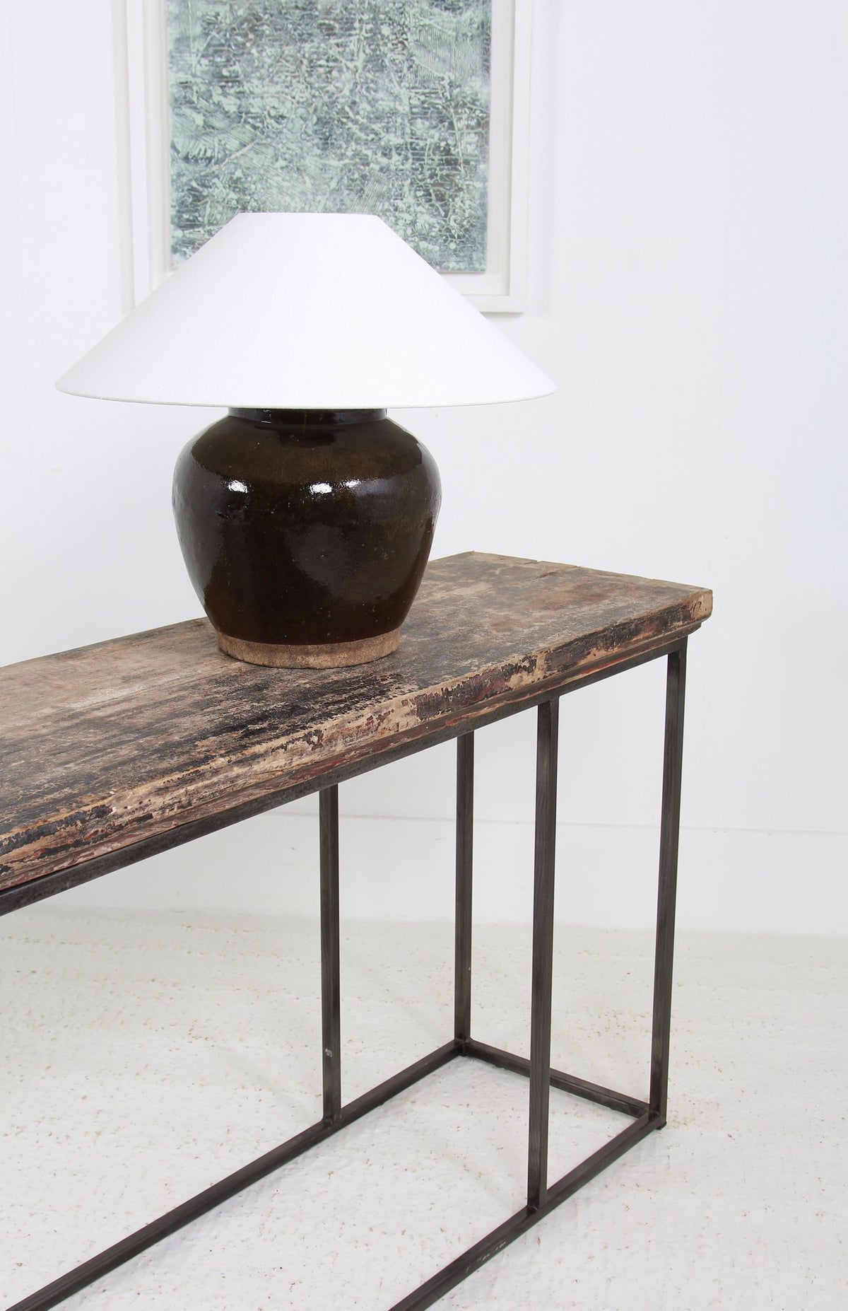 IMPRESSIVE ARCHITECTURAL WOOD & STEEL CONSOLE TABLE
