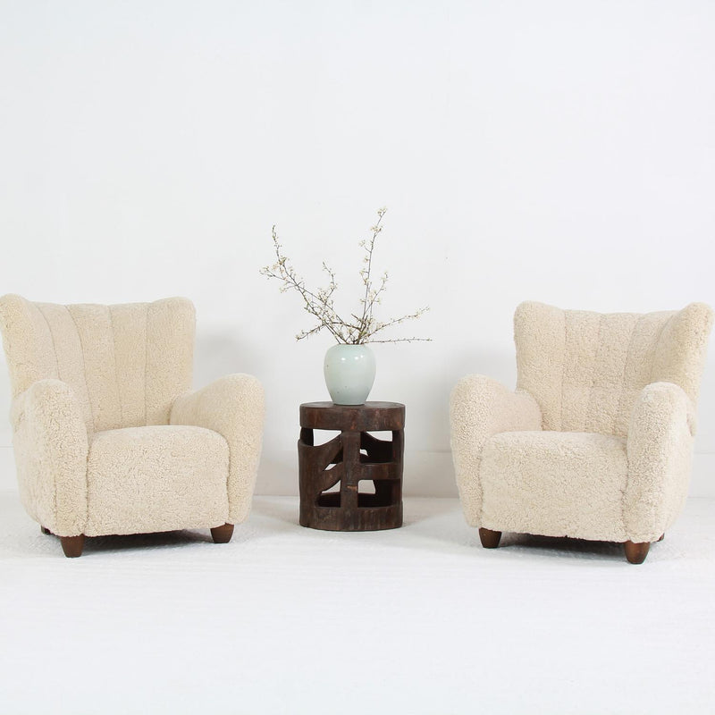 Huge Pair of Danish Mid-Century Lounge Chairs Upholstered in Natural Sheepskin