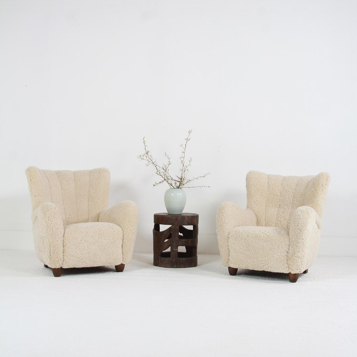 Huge Pair of Danish Mid-Century Lounge Chairs Upholstered in Natural Sheepskin