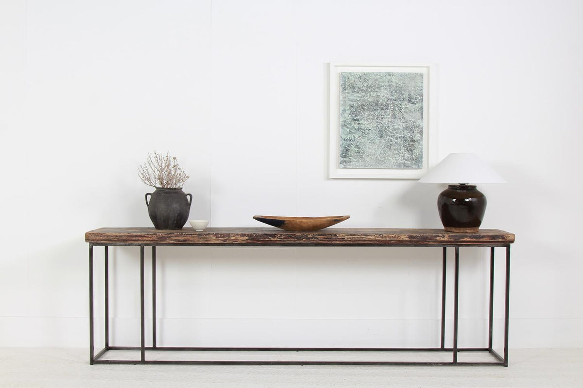 IMPRESSIVE ARCHITECTURAL WOOD & STEEL CONSOLE TABLE