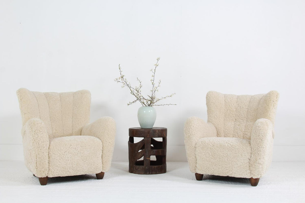 Huge Pair of Danish Mid-Century Lounge Chairs Upholstered in Natural Sheepskin