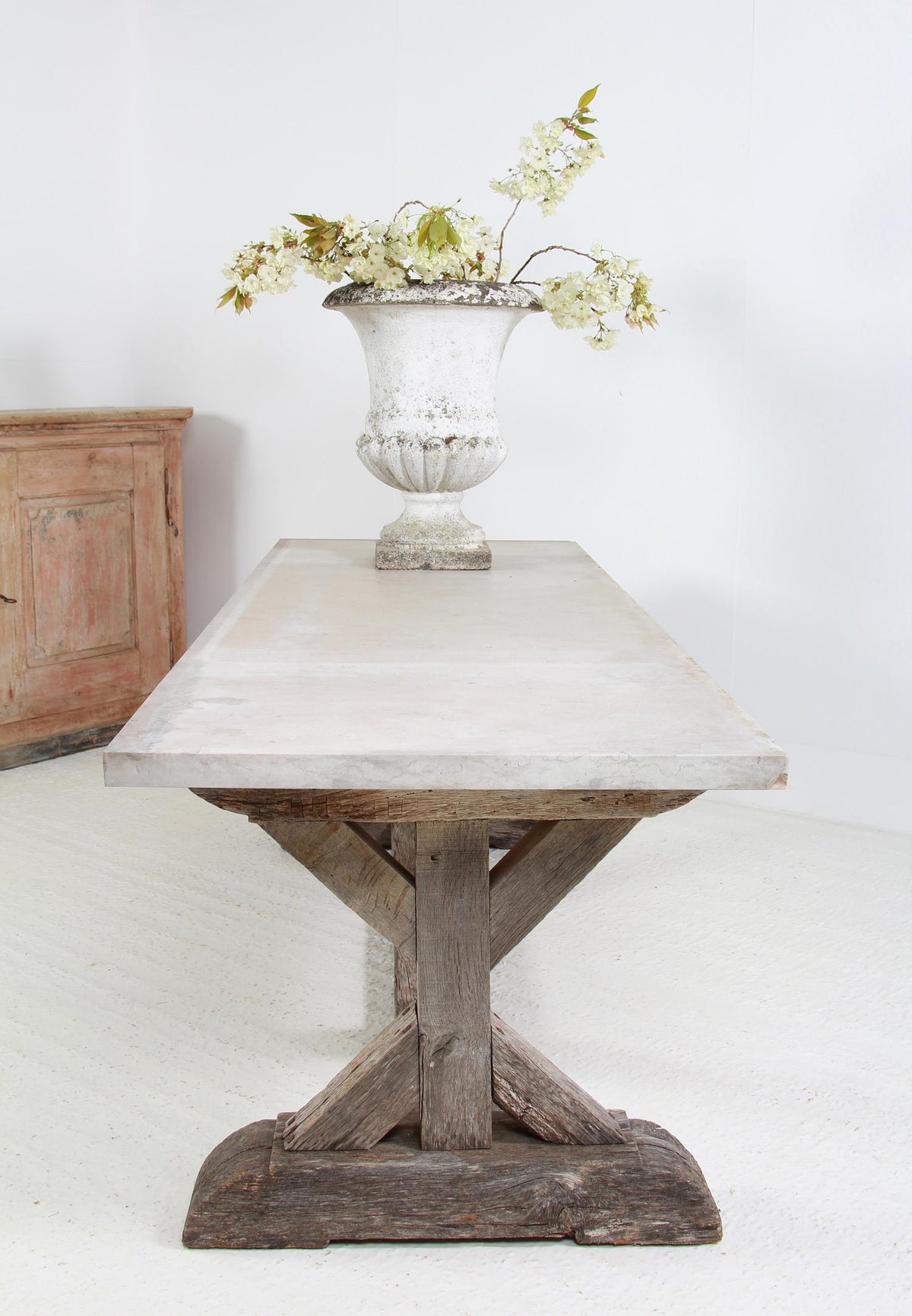 Impressive French  X Frame Oak & Marble Garden Table