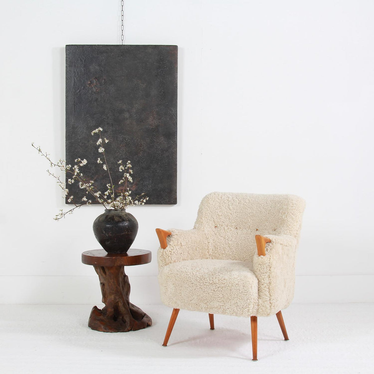 Danish Mid-Century Sculptural Lounge Chair in Natural Sheepskin