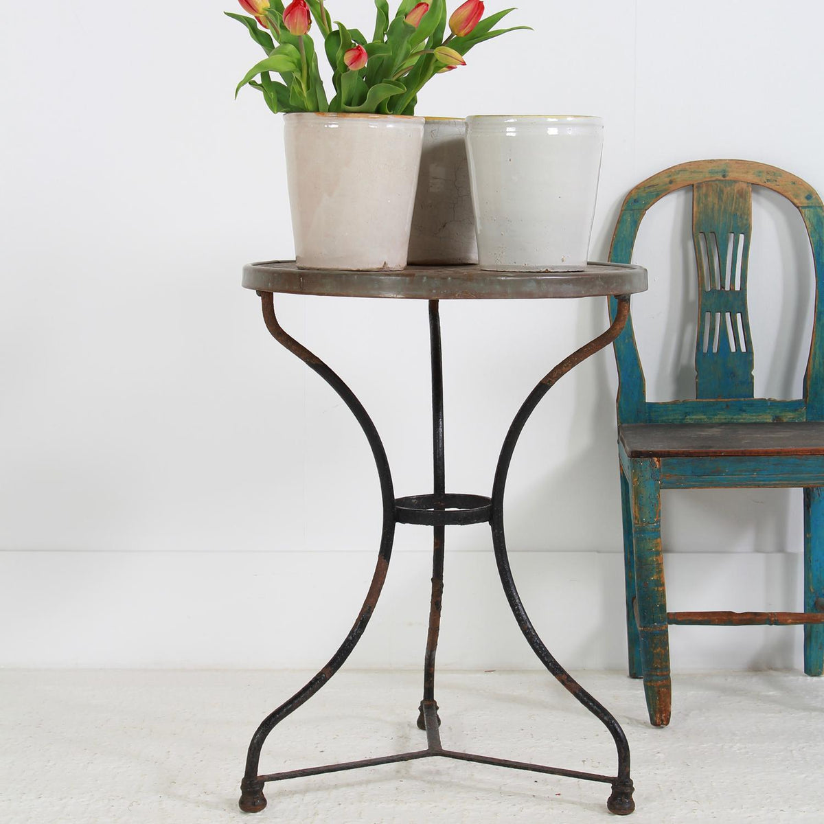 French Round Wrought Iron and Marble Garden Table