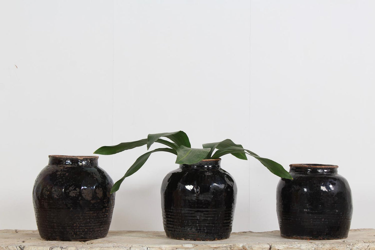 Three Antique Handmade Chinese  Black Glazed Pottery Jars