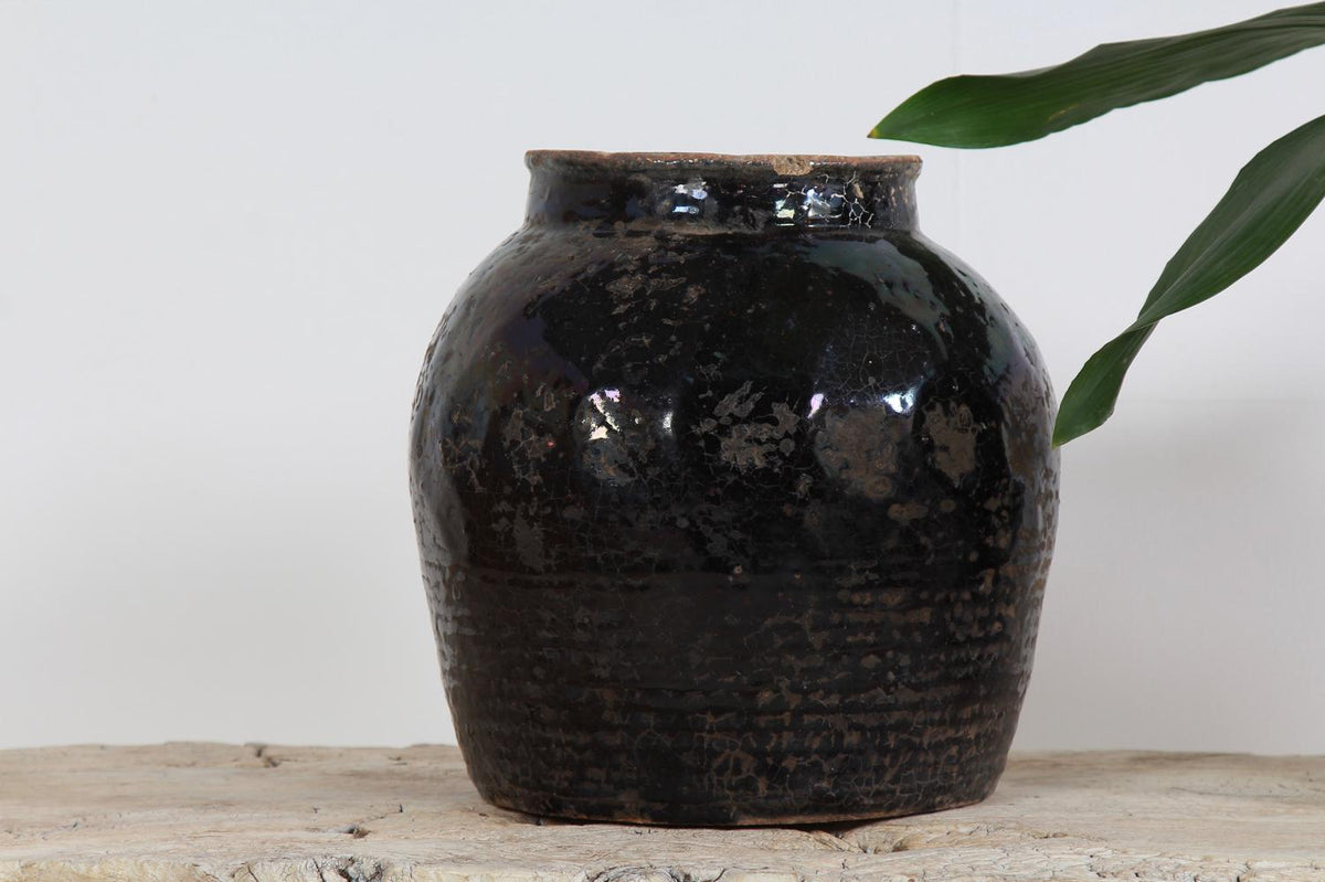 Three Antique Handmade Chinese  Black Glazed Pottery Jars