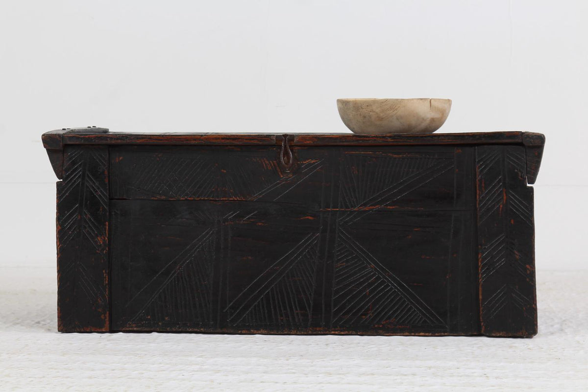 Striking Antique 19thC  Shepherd’s Carved Dowry Chest  in Black Patina