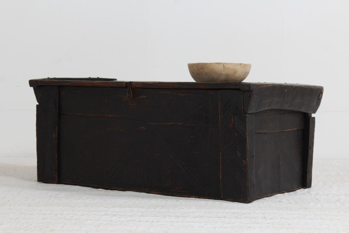 Striking Antique 19thC  Shepherd’s Carved Dowry Chest  in Black Patina